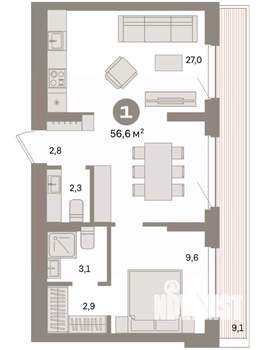 1-к квартира, вторичка, 57м2, 7/7 этаж