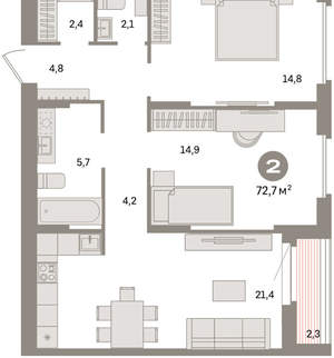 2-к квартира, вторичка, 73м2, 4/16 этаж