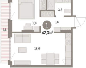 1-к квартира, вторичка, 42м2, 2/9 этаж