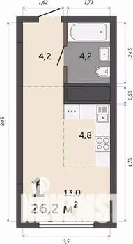 Студия квартира, строящийся дом, 26м2, 21/30 этаж