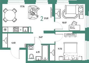 2-к квартира, строящийся дом, 52м2, 4/25 этаж