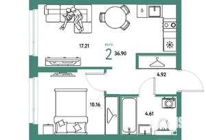 2-к квартира, строящийся дом, 37м2, 21/24 этаж
