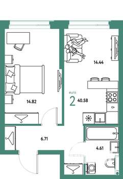 2-к квартира, строящийся дом, 41м2, 7/24 этаж