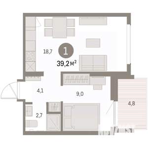 1-к квартира, вторичка, 39м2, 6/9 этаж