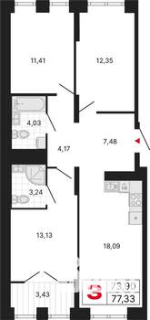 3-к квартира, вторичка, 77м2, 20/25 этаж