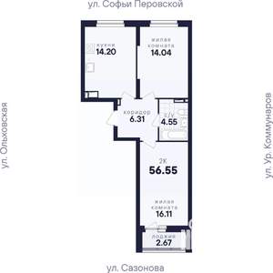 2-к квартира, вторичка, 57м2, 8/17 этаж