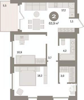 2-к квартира, вторичка, 64м2, 10/24 этаж