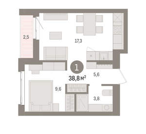 1-к квартира, вторичка, 39м2, 2/25 этаж