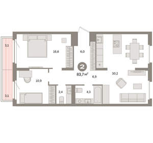 2-к квартира, вторичка, 84м2, 9/9 этаж