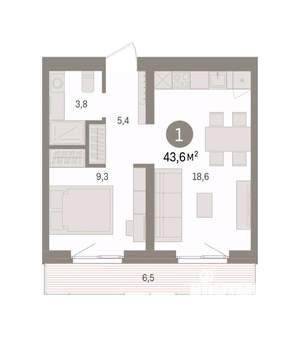 1-к квартира, вторичка, 44м2, 4/7 этаж