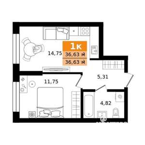 1-к квартира, строящийся дом, 37м2, 14/23 этаж