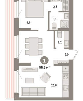 1-к квартира, вторичка, 56м2, 8/9 этаж