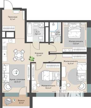 3-к квартира, строящийся дом, 88м2, 5/29 этаж