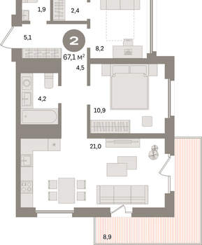 2-к квартира, вторичка, 67м2, 4/24 этаж