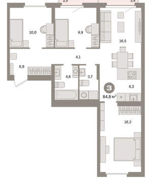 3-к квартира, вторичка, 85м2, 5/16 этаж