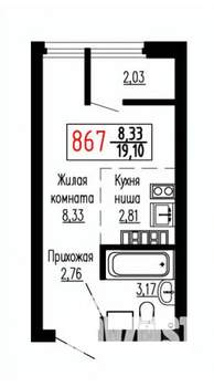 Студия квартира, строящийся дом, 19м2, 24/27 этаж