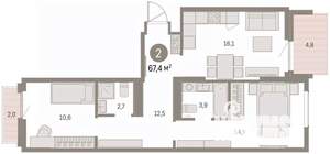 2-к квартира, вторичка, 67м2, 8/9 этаж