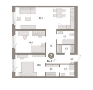 2-к квартира, вторичка, 81м2, 4/15 этаж