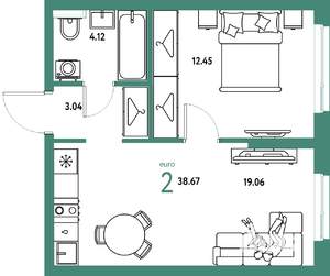 2-к квартира, строящийся дом, 39м2, 16/25 этаж