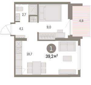 1-к квартира, вторичка, 39м2, 7/9 этаж