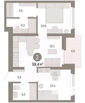 2-к квартира, вторичка, 59м2, 9/9 этаж