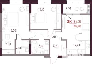 2-к квартира, вторичка, 65м2, 12/25 этаж