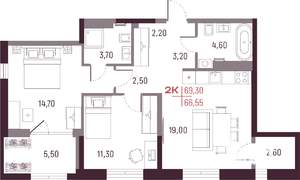 2-к квартира, вторичка, 67м2, 17/25 этаж