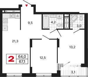 2-к квартира, строящийся дом, 67м2, 25/25 этаж
