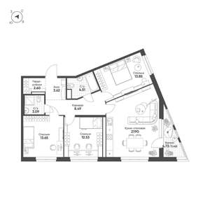 3-к квартира, вторичка, 92м2, 12/13 этаж