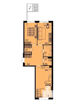 2-к квартира, вторичка, 73м2, 2/12 этаж