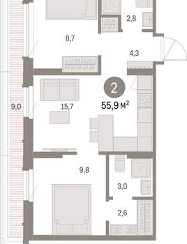 2-к квартира, вторичка, 56м2, 8/9 этаж