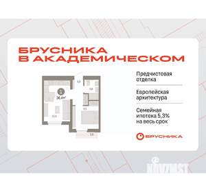 1-к квартира, вторичка, 36м2, 4/9 этаж