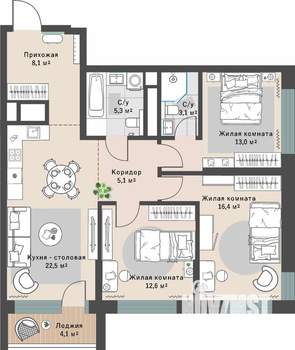 3-к квартира, строящийся дом, 88м2, 7/29 этаж