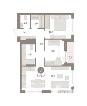 2-к квартира, вторичка, 62м2, 5/16 этаж