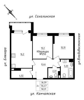 2-к квартира, строящийся дом, 58м2, 22/25 этаж