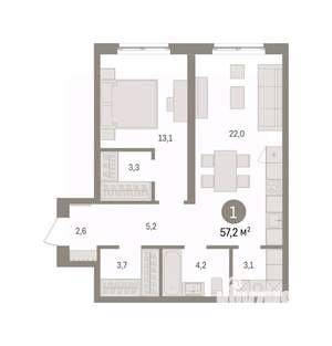 1-к квартира, вторичка, 57м2, 5/15 этаж