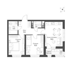 2-к квартира, вторичка, 57м2, 8/16 этаж