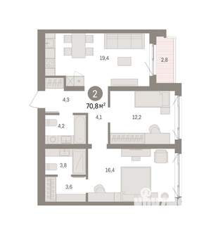 2-к квартира, вторичка, 71м2, 2/8 этаж