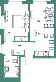 2-к квартира, строящийся дом, 41м2, 4/24 этаж