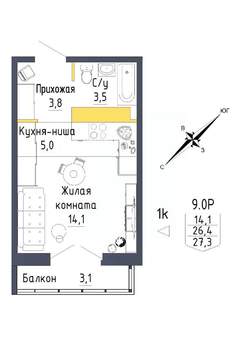 1-к квартира, вторичка, 27м2, 9/9 этаж