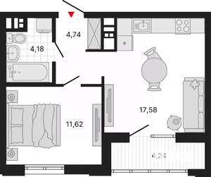 1-к квартира, вторичка, 42м2, 4/11 этаж