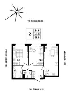 2-к квартира, вторичка, 57м2, 1/19 этаж