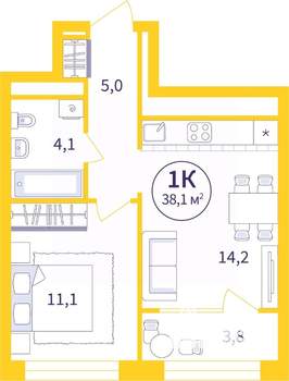 1-к квартира, сданный дом, 36м2, 16/25 этаж