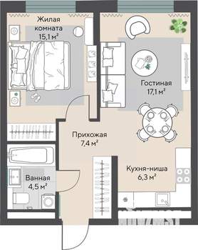 1-к квартира, строящийся дом, 50м2, 26/27 этаж