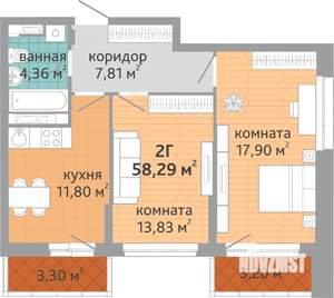 2-к квартира, строящийся дом, 58м2, 22/24 этаж