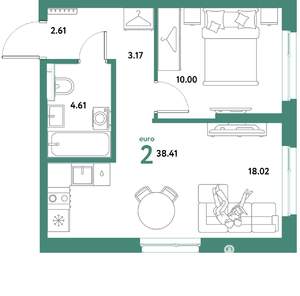 2-к квартира, строящийся дом, 38м2, 16/21 этаж