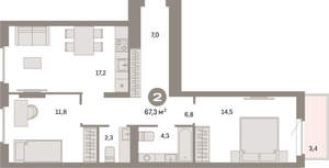 2-к квартира, вторичка, 67м2, 6/9 этаж