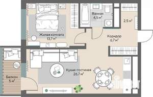 1-к квартира, строящийся дом, 55м2, 12/28 этаж