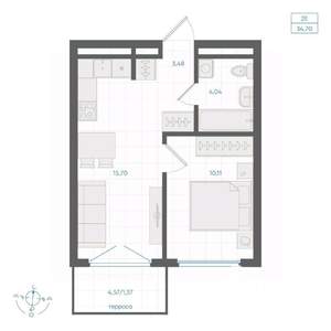1-к квартира, строящийся дом, 35м2, 1/4 этаж