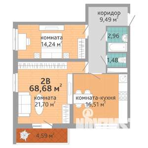2-к квартира, вторичка, 68м2, 19/25 этаж